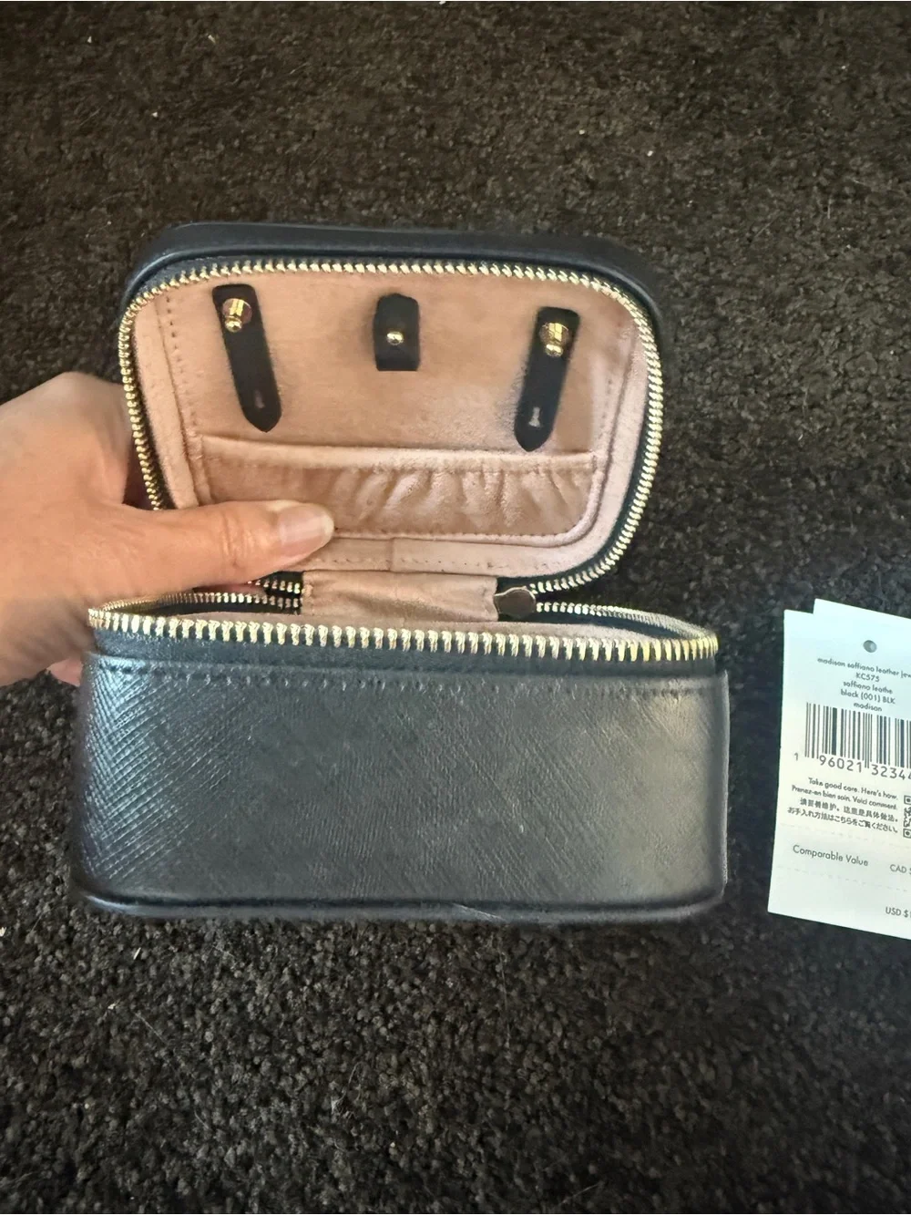 kate spade saffiano leather Black and Gold Compact Jewelry Case